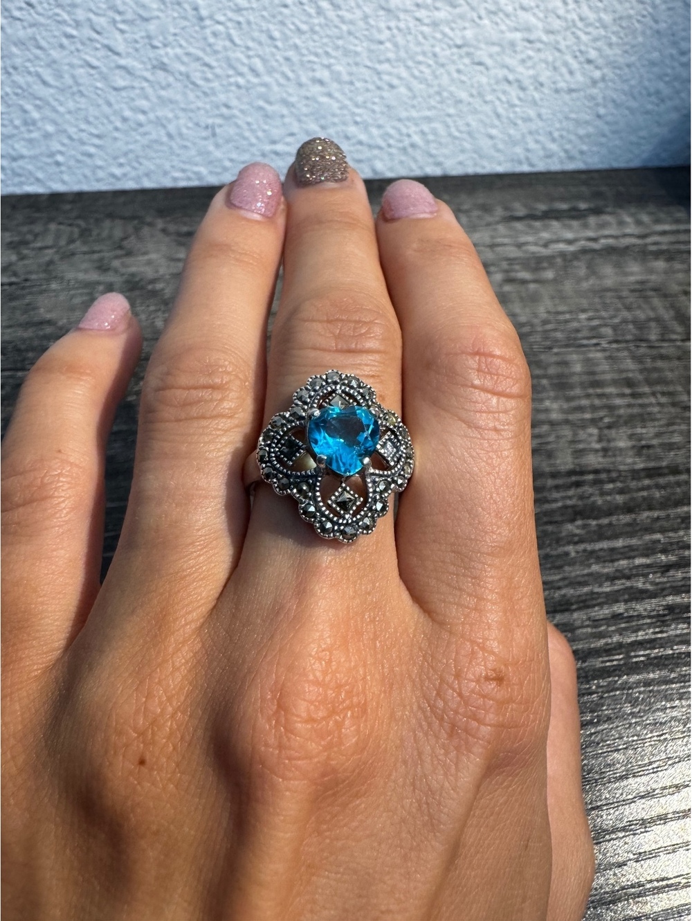 Sterling Silver Marcasite Blue Heart Stone Ring Size 9.5 6.9g AS IS